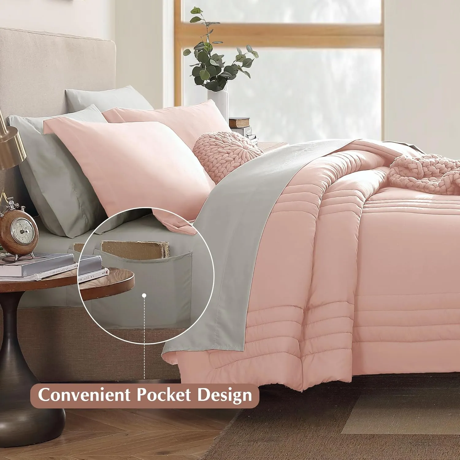 Monbix King Size Comforter Set - 7 Pieces Light Pink Bed in a Bag King Bedding Sets with Comforters, All Seasons Down Alternative Comforter Bed Set with Sheets, Pillowcases & Shams (102"x90")