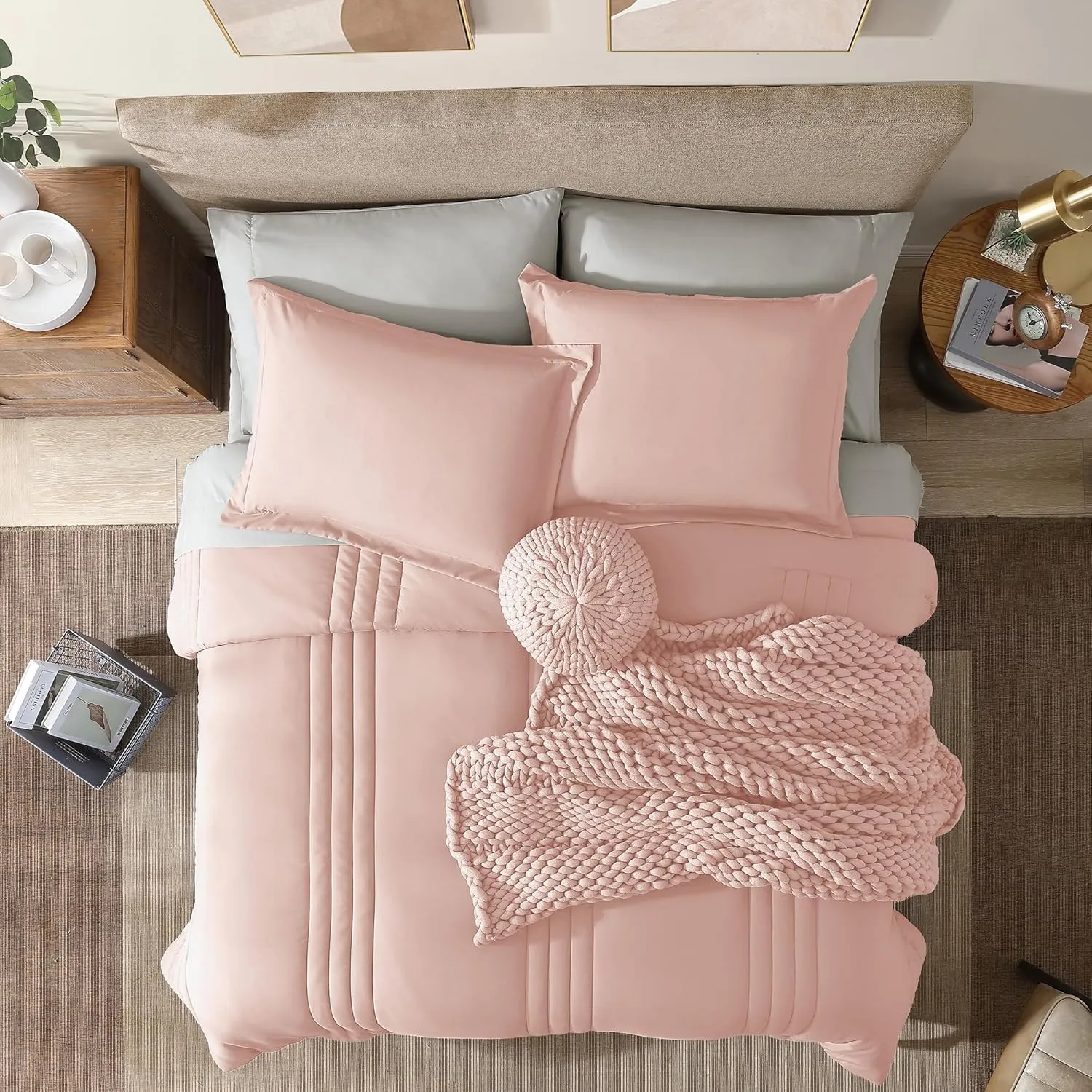 Monbix King Size Comforter Set - 7 Pieces Light Pink Bed in a Bag King Bedding Sets with Comforters, All Seasons Down Alternative Comforter Bed Set with Sheets, Pillowcases & Shams (102"x90")