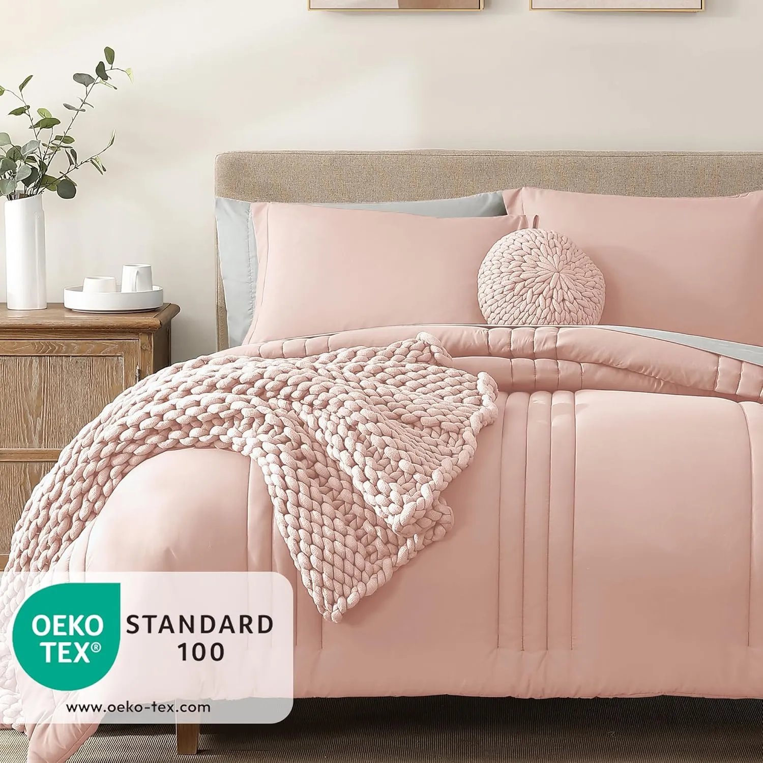 Monbix King Size Comforter Set - 7 Pieces Light Pink Bed in a Bag King Bedding Sets with Comforters, All Seasons Down Alternative Comforter Bed Set with Sheets, Pillowcases & Shams (102"x90")
