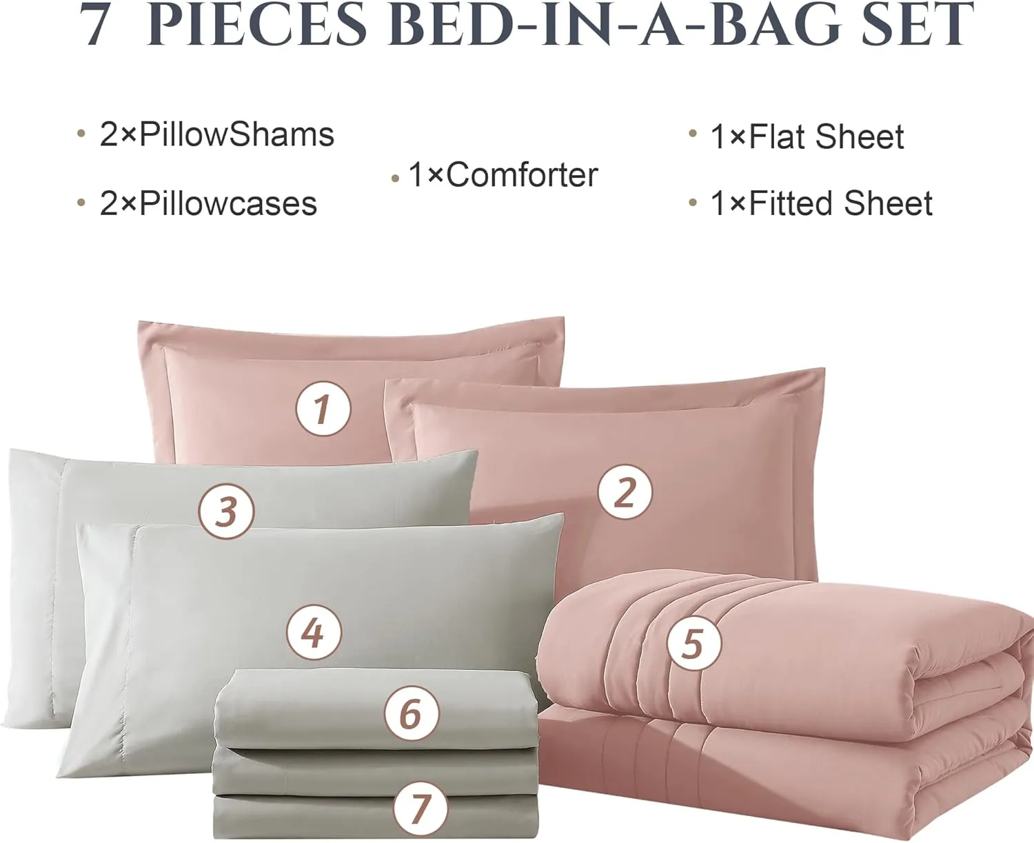 Monbix King Size Comforter Set - 7 Pieces Light Pink Bed in a Bag King Bedding Sets with Comforters, All Seasons Down Alternative Comforter Bed Set with Sheets, Pillowcases & Shams (102"x90")