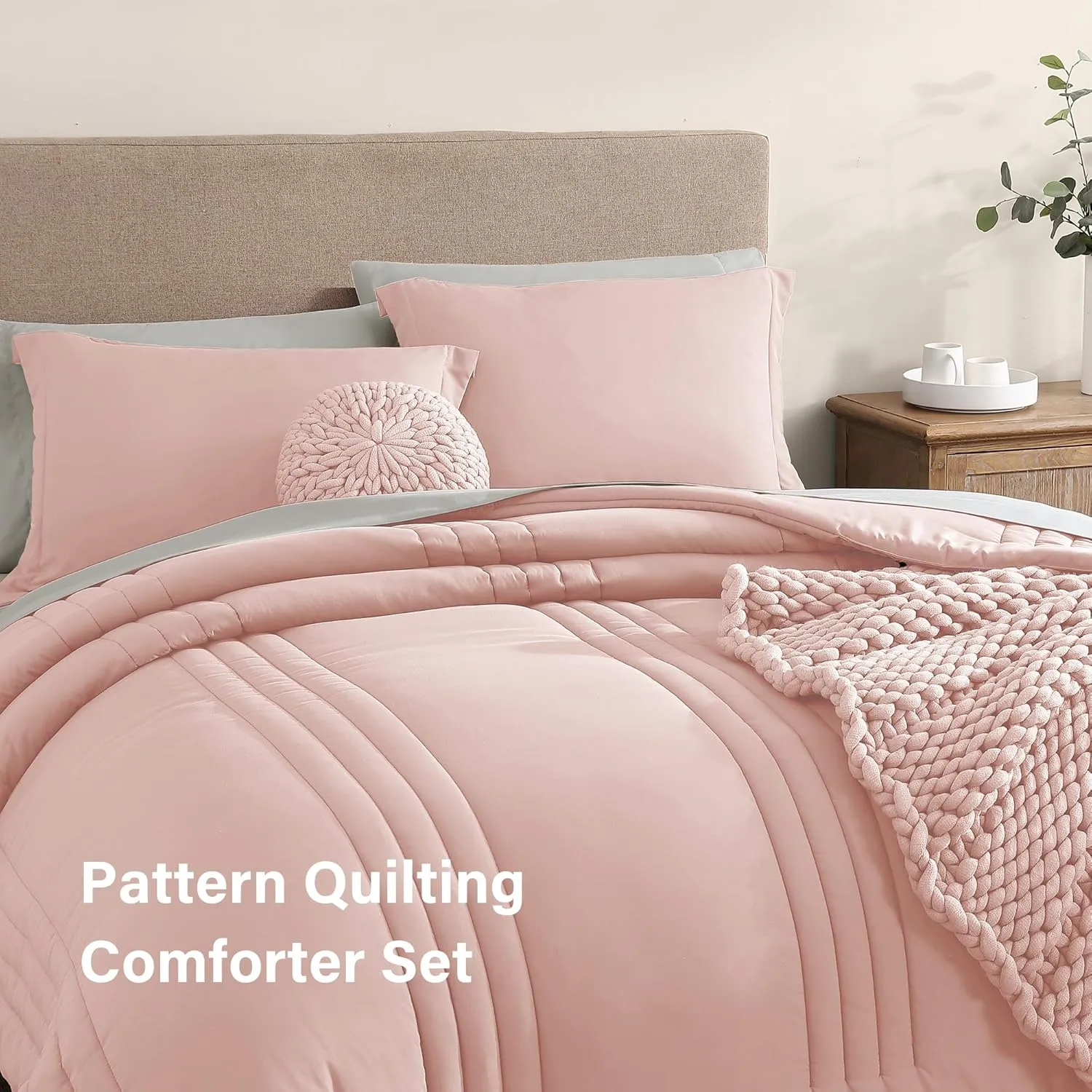 Monbix King Size Comforter Set - 7 Pieces Light Pink Bed in a Bag King Bedding Sets with Comforters, All Seasons Down Alternative Comforter Bed Set with Sheets, Pillowcases & Shams (102"x90")