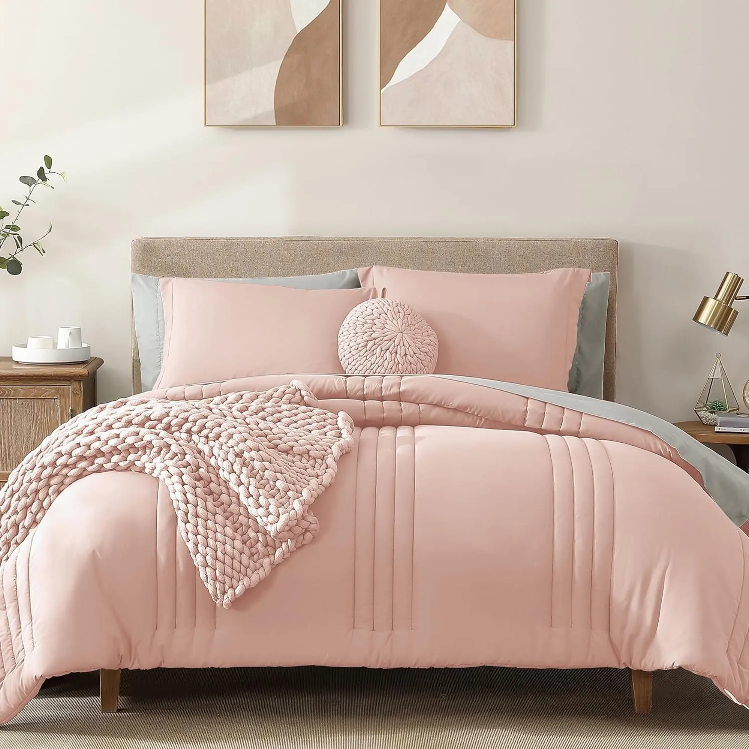 Monbix King Size Comforter Set - 7 Pieces Light Pink Bed in a Bag King Bedding Sets with Comforters, All Seasons Down Alternative Comforter Bed Set with Sheets, Pillowcases & Shams (102"x90")