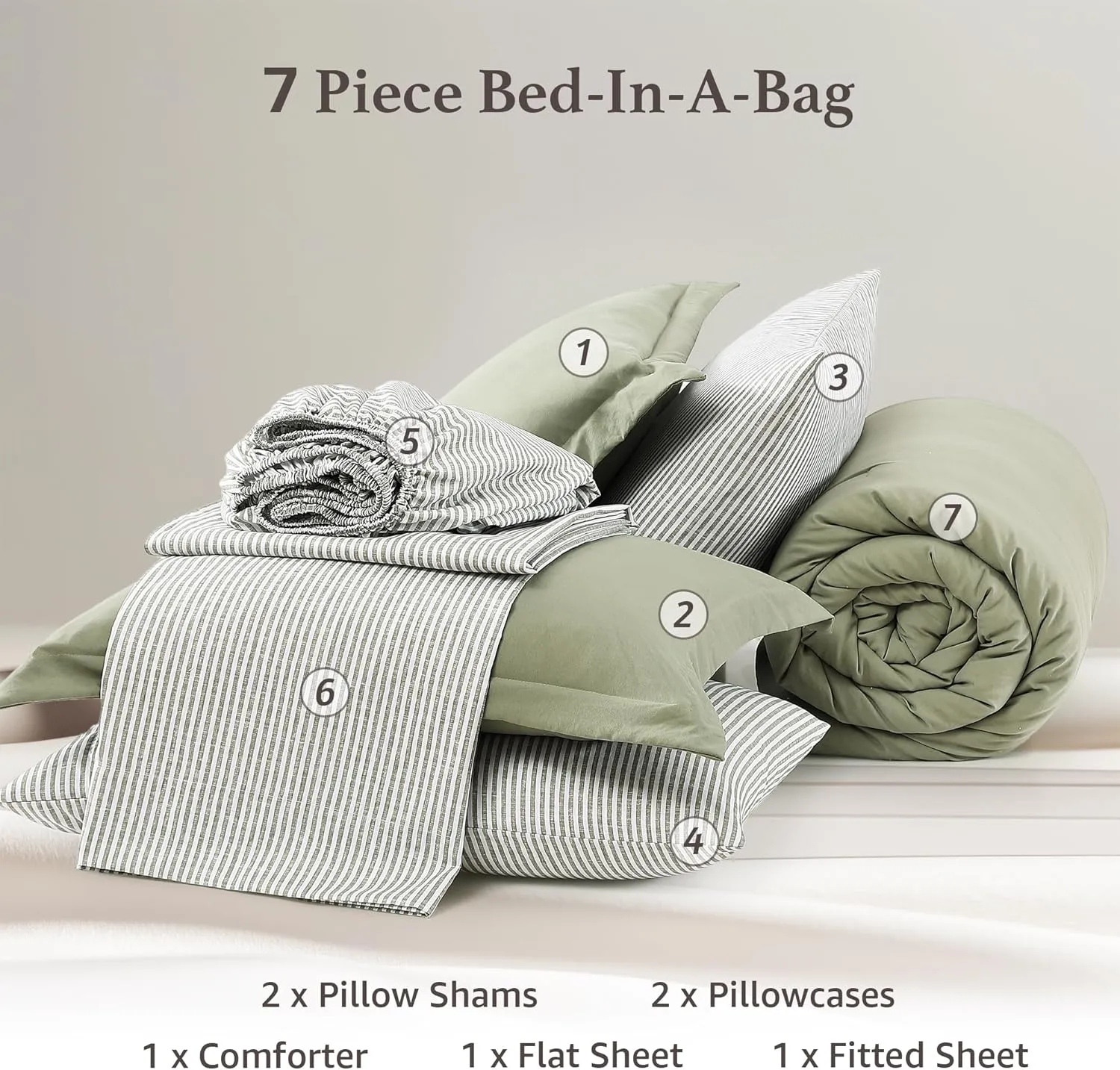 Monbix Queen Comforter Set - 7 Pieces Olive Green Prewashed Bed in a Bag Queen Bedding Sets with Comforters, All Seasons Down Alternative Comforter Bed Set with Sheets,Pillowcases & Shams