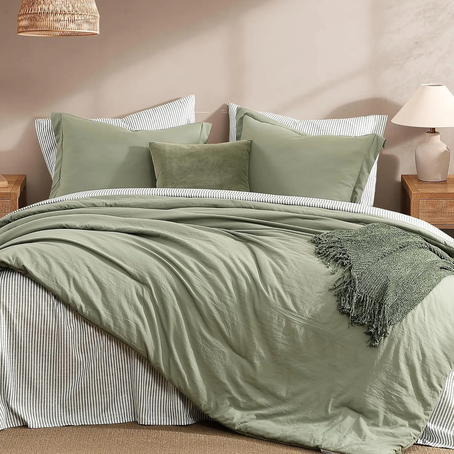 Monbix Queen Comforter Set - 7 Pieces Olive Green Prewashed Bed in a Bag Queen Bedding Sets with Comforters, All Seasons Down Alternative Comforter Bed Set with Sheets,Pillowcases & Shams