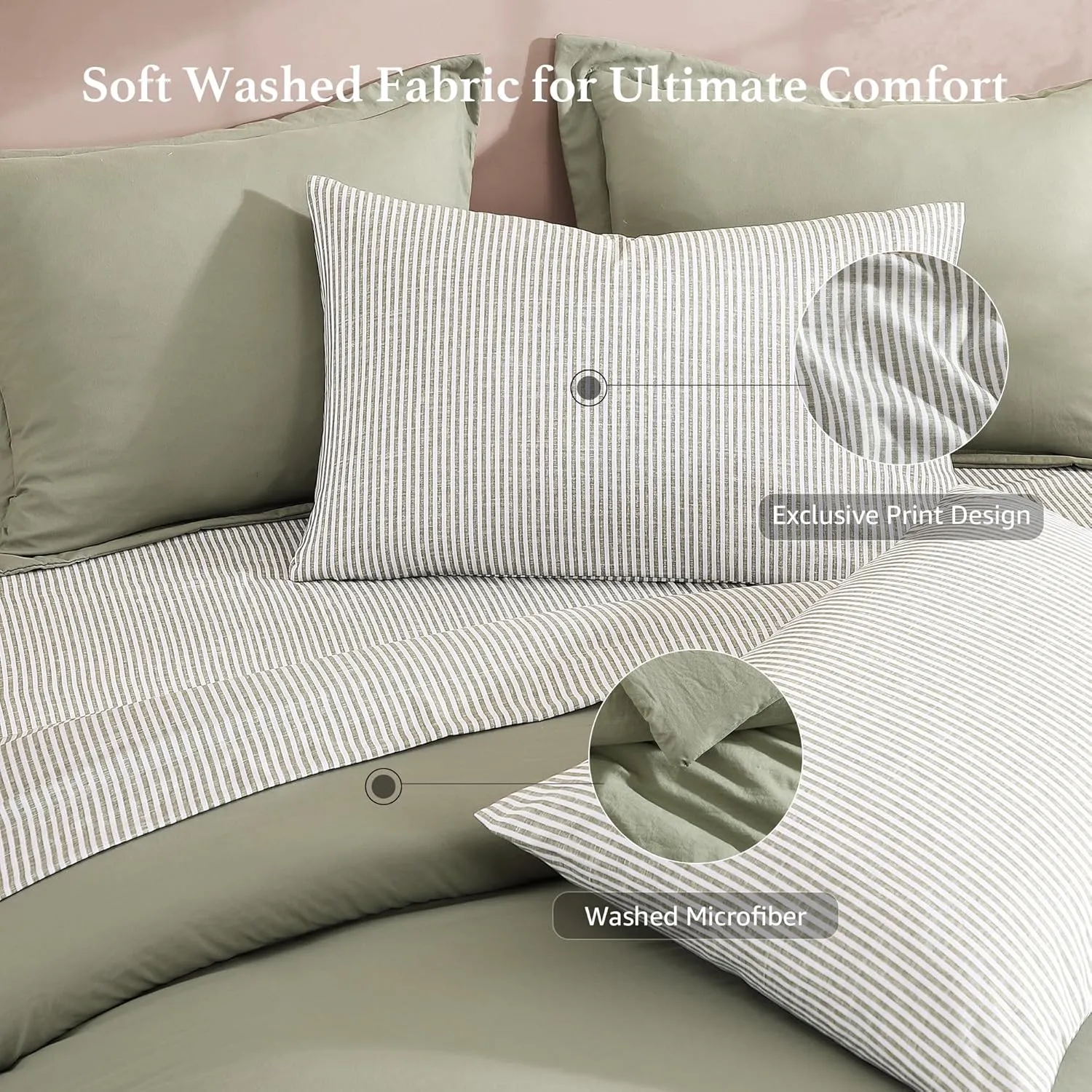 Monbix Queen Comforter Set - 7 Pieces Olive Green Prewashed Bed in a Bag Queen Bedding Sets with Comforters, All Seasons Down Alternative Comforter Bed Set with Sheets,Pillowcases & Shams