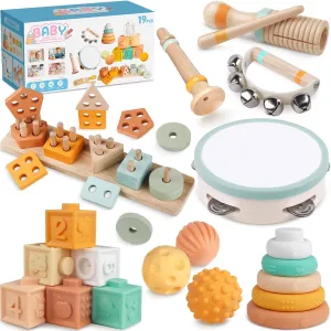 Montessori Baby Toys for 1 Year Old, Wooden Musical Instruments for Toddlers 1-3, Infant Sensory Teether for 6-12 Months, Stacking Toy Shape Sorter, Neutral Color Educational Birthday Gift for Kids 3 