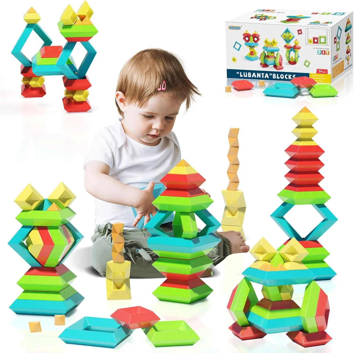 Montessori Building Blocks for Toddlers 1-3 3-5, Pyramid Stacking Building Toys,3D Preschool Learning Activities Blocks for Kids,STEM Sensory Toys Gifts for 1 2 3 4 5 Year Old Boys Girls