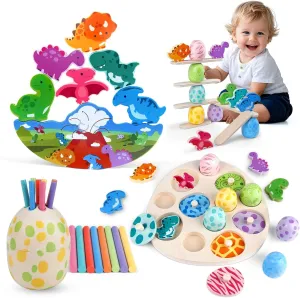 Montessori Dinosaur Wooden Puzzles Toys Gift for 1 2 3 4 Year Old Kid Boys Girls, Wooden Educational Dino Egg Easter Gift Set Preschool Learning Toys