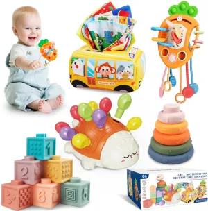 Montessori Toys for Babies 6 to 12 Months, Baby Toys Sensory for Toddlers 1-3, Fine Motor, Pull String, Stacking Blocks Rings, Baby Tissue Box 5 in 1 Infants Learning