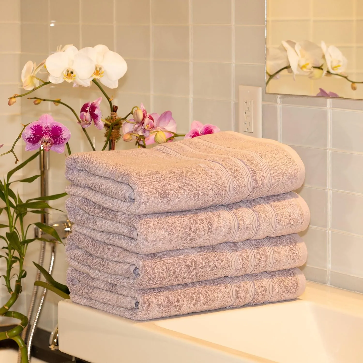 Mosobam Luxury Turkish Set of 4 Bath Towels 30X58 Lavender Aura Oversize 700 GSM Bamboo Viscose & Aegean Turkish Combed Cotton