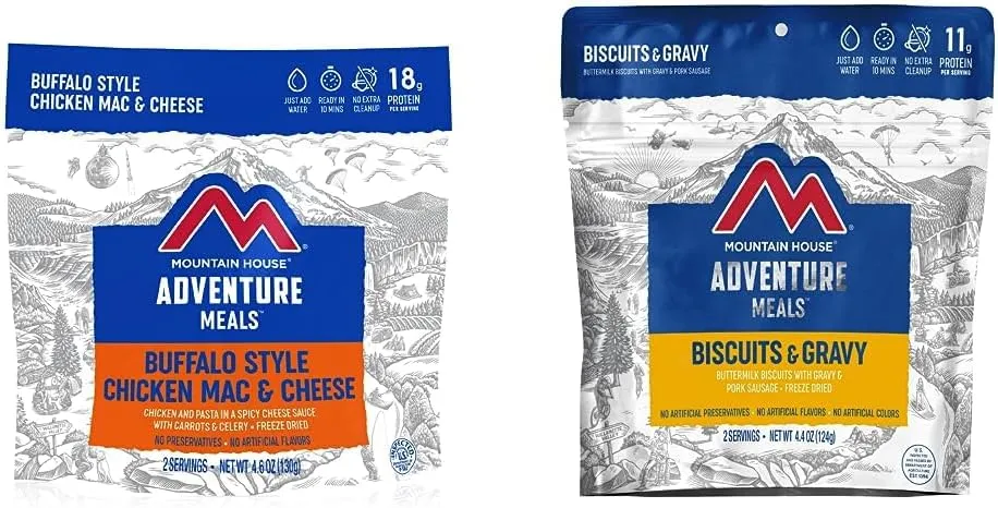 Mountain House Buffalo Style Chicken Mac & Cheese   Biscuits & Gravy | Freeze Dried Backpacking & Camping Food | 2 Servings Each