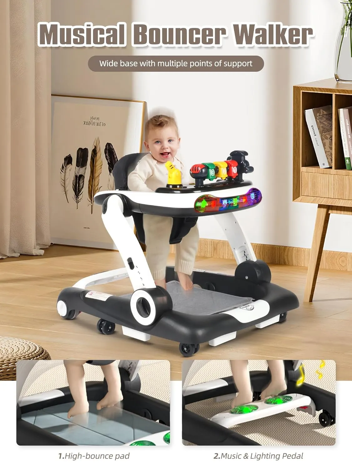 Music and Lights Baby Walker with Wheels, 6 in 1 Baby Activity Center w/Ergonomic backrest Design, Baby Walkers for Boys w/Foot Pads, Music Bouncer Walkers for Boys Girls Babies 6-18 Months, Black