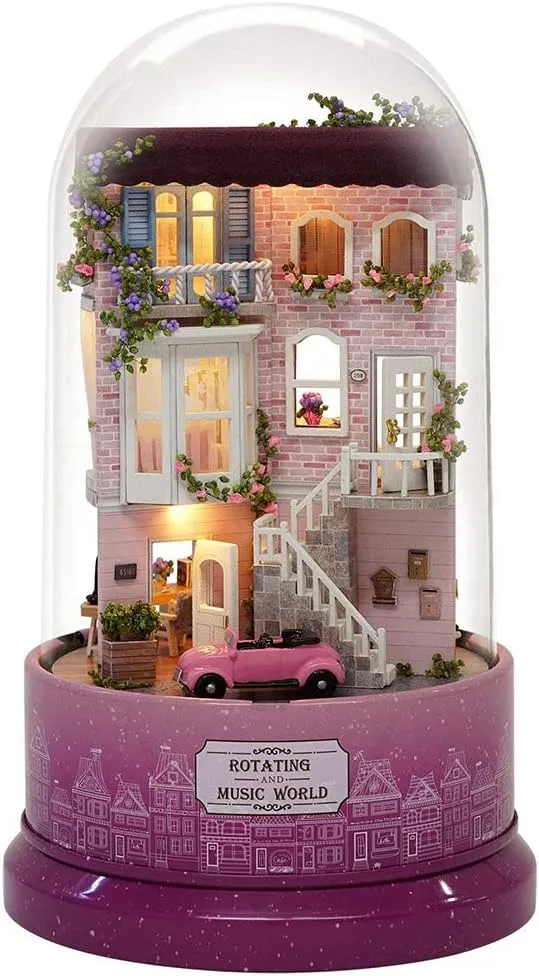 Music Box Doll House Musical Boxes with LED Light, Wooden Mini House with Dust Proof Cover, Tiny House Model, Rotating Music Box House Gift