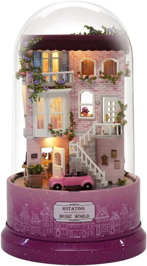 Music Box Doll House Musical Boxes with LED Light, Wooden Mini House with Dust Proof Cover, Tiny House Model, Rotating Music Box House Gift