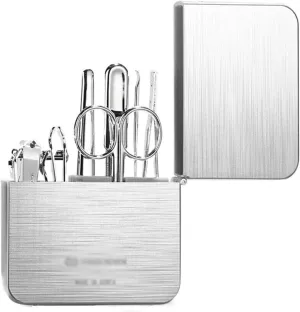 Nail Kit 7 Pieces Manual Set, Nail Clipper Kit, Carbon Steel Nail Clipper Tools Portable Travel Grooming Kit, Nail Care Tools with Metal Case Toe Nail Clippers(Silver)