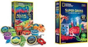 National Geographic Mega Slime Kit & Putty Lab and Gross Science Kit Bundle - 4 Types of Slime Plus 4 Types of Putty & 45 Gross Science Experiments for Kids 8-12
