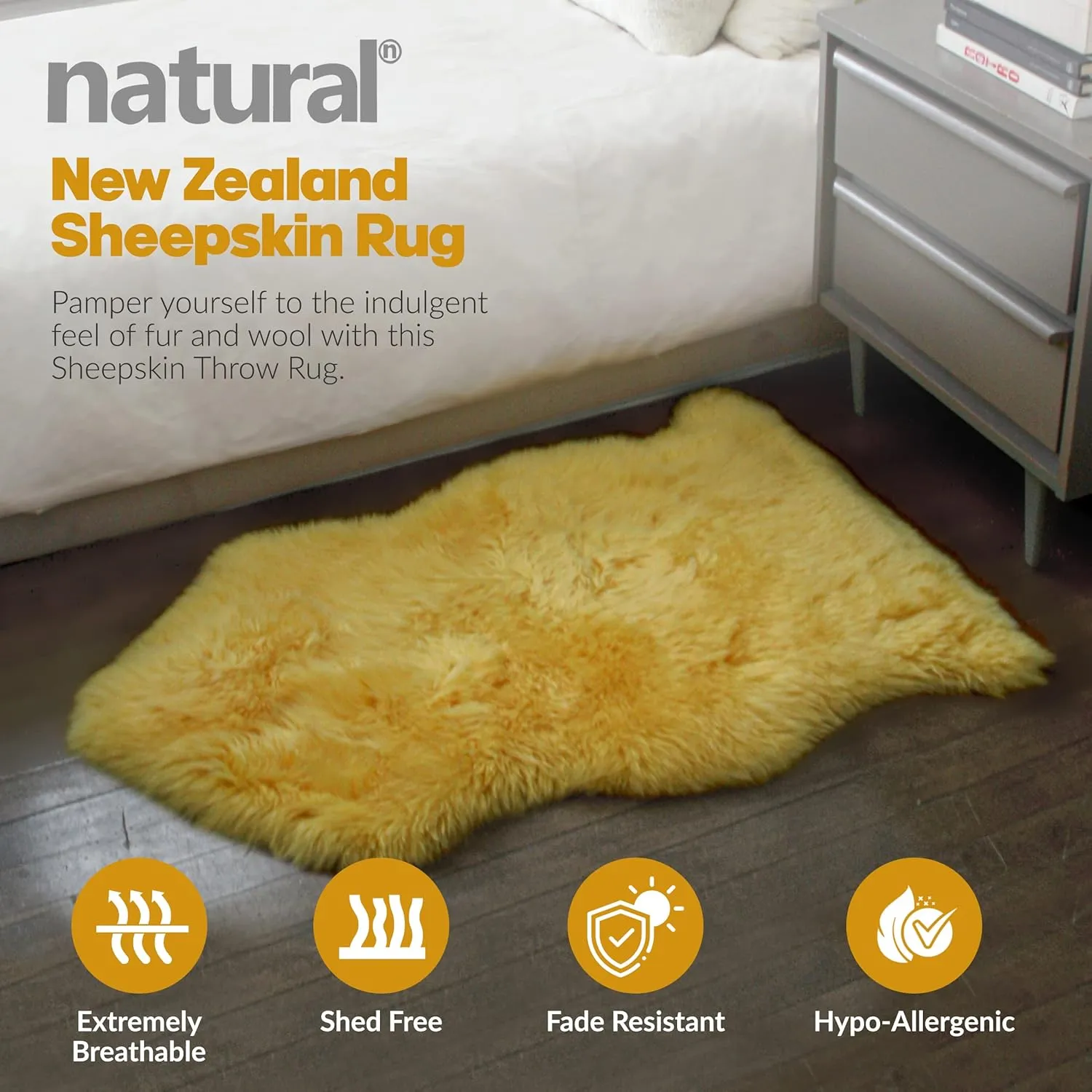 Natural Milan Genuine Sheepskin Area Rugs with Thick and Lush Pile, Fluffy Sheep Fur Rug with Anti-Skid Backing for Bedroom Living Room, Single Pelt, Canary 2 ft x 3 ft