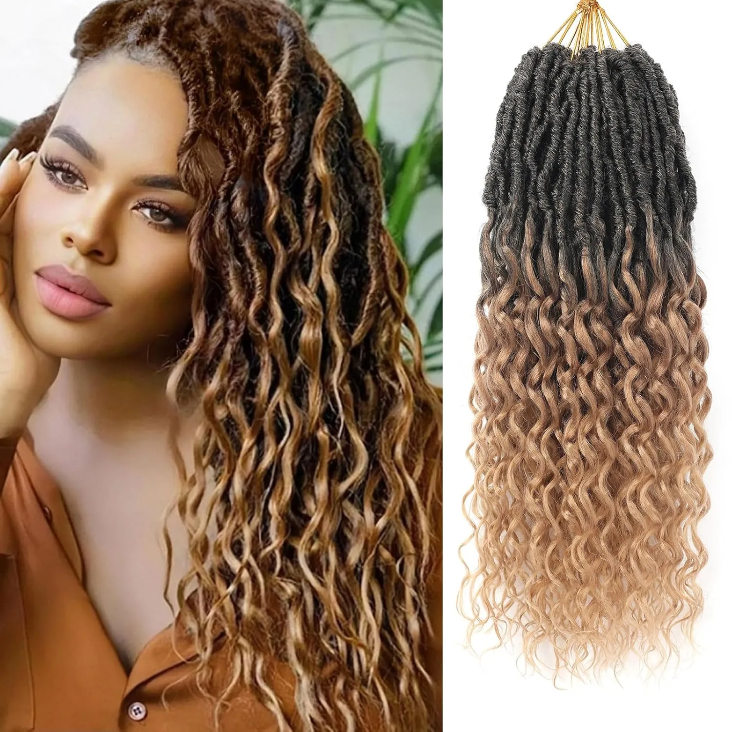 New Goddess Locs Crochet Hair for Black Women - 8 Packs 18 Inch 1B/27 Color Faux Locs with Deep Wave Curly Ends | Soft Synthetic Pre-Looped Loose Wavy Braids | Lightweight & Natural Look (18",T27#)