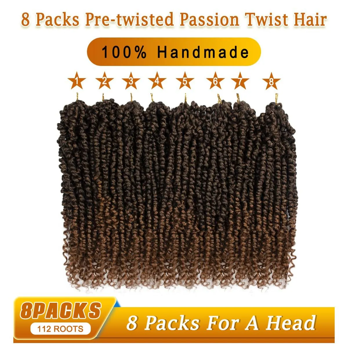 Nice One Pre-Twisted Passion Twist Hair 14 Inch, 112 Strands Short Passion Twist Crochet Hair for Women 8 Packs Ombre Brown Pre-Looped Passion Twists Braiding Synthetic Hair Extensions (14inch,T30#)