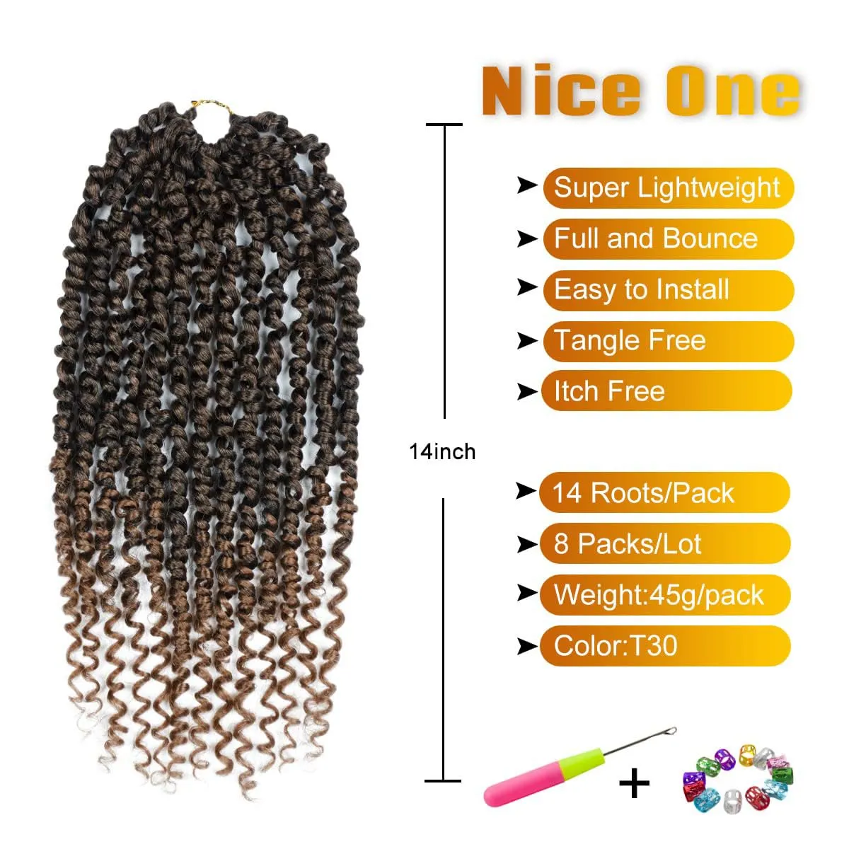 Nice One Pre-Twisted Passion Twist Hair 14 Inch, 112 Strands Short Passion Twist Crochet Hair for Women 8 Packs Ombre Brown Pre-Looped Passion Twists Braiding Synthetic Hair Extensions (14inch,T30#)