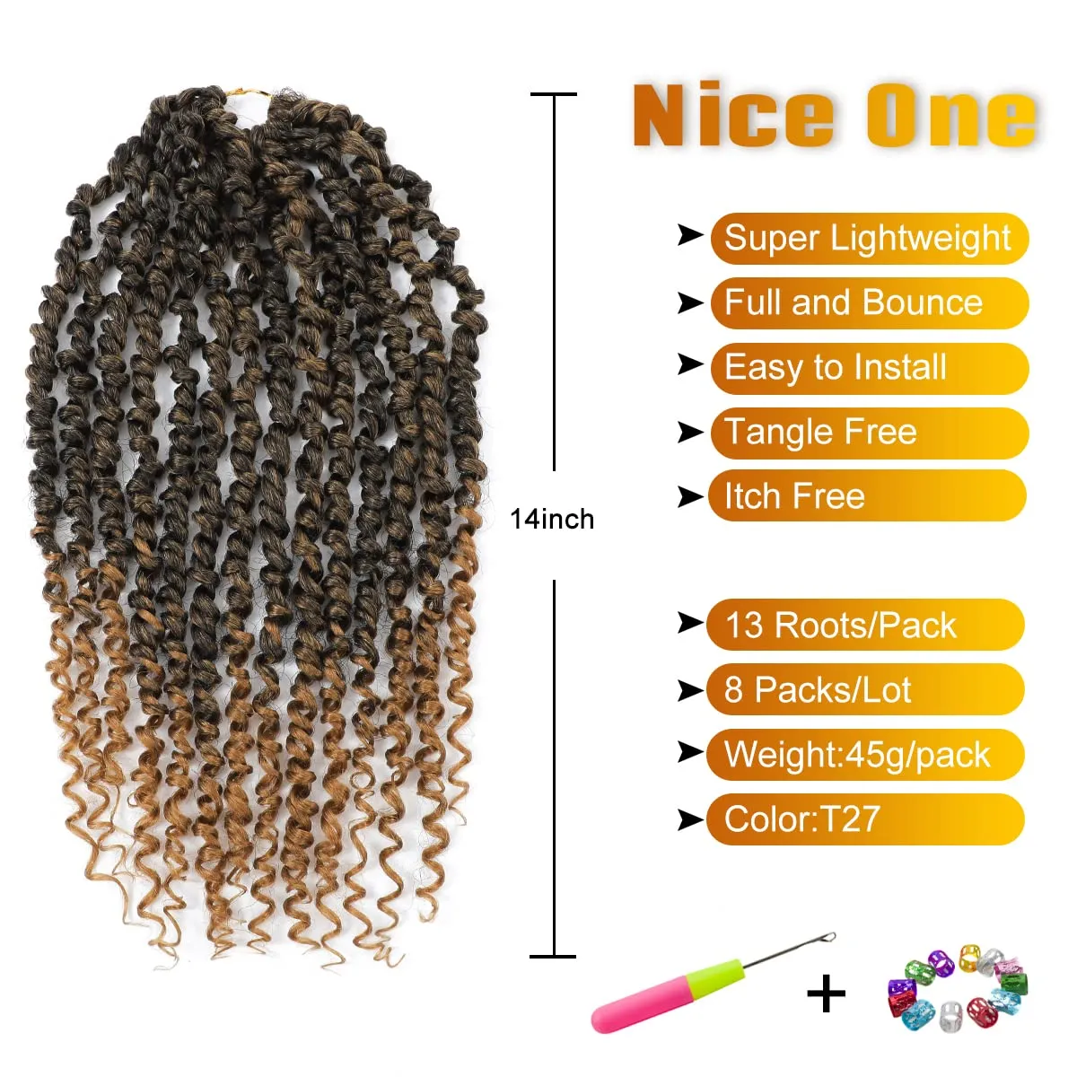 Nice One Pre-Twisted Passion Twist Hair 14 Inch, 112 Strands Short Passion Twist Crochet Hair for Women 8 Packs Ombre Gold Pre-Looped Passion Twists Braiding Synthetic Hair Extensions (14inch,T27#)