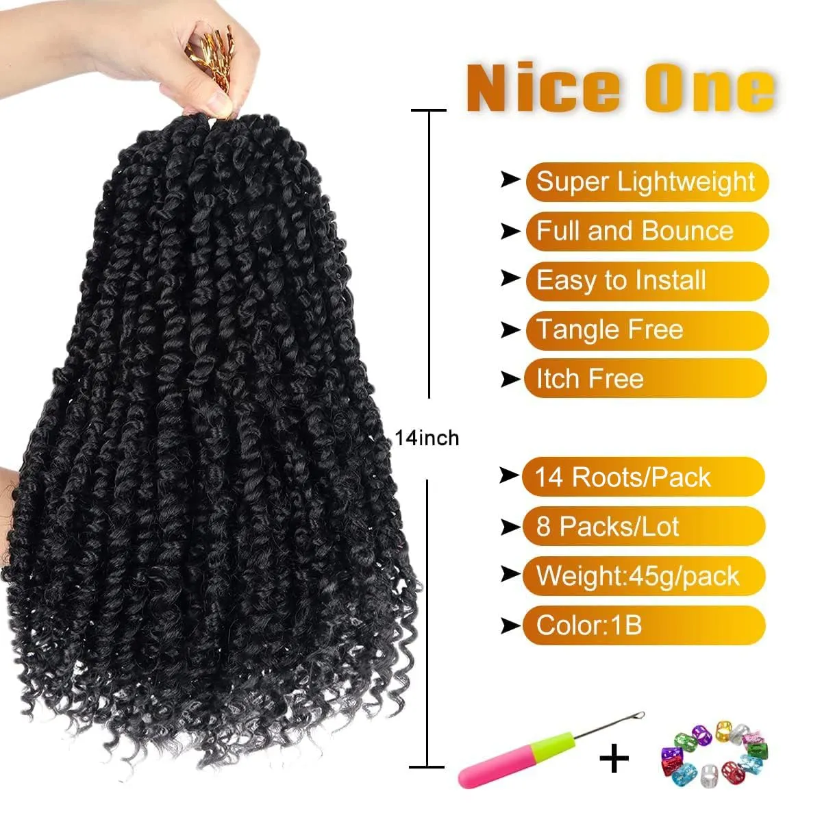 Nice One Pre-Twisted Passion Twist Hair 14 Inch, Short Passion Twist Crochet Hair for Women 8 Packs Natural Black Pre-Looped Passion Twists Braiding Synthetic Hair Extensions (14inch,1B#)