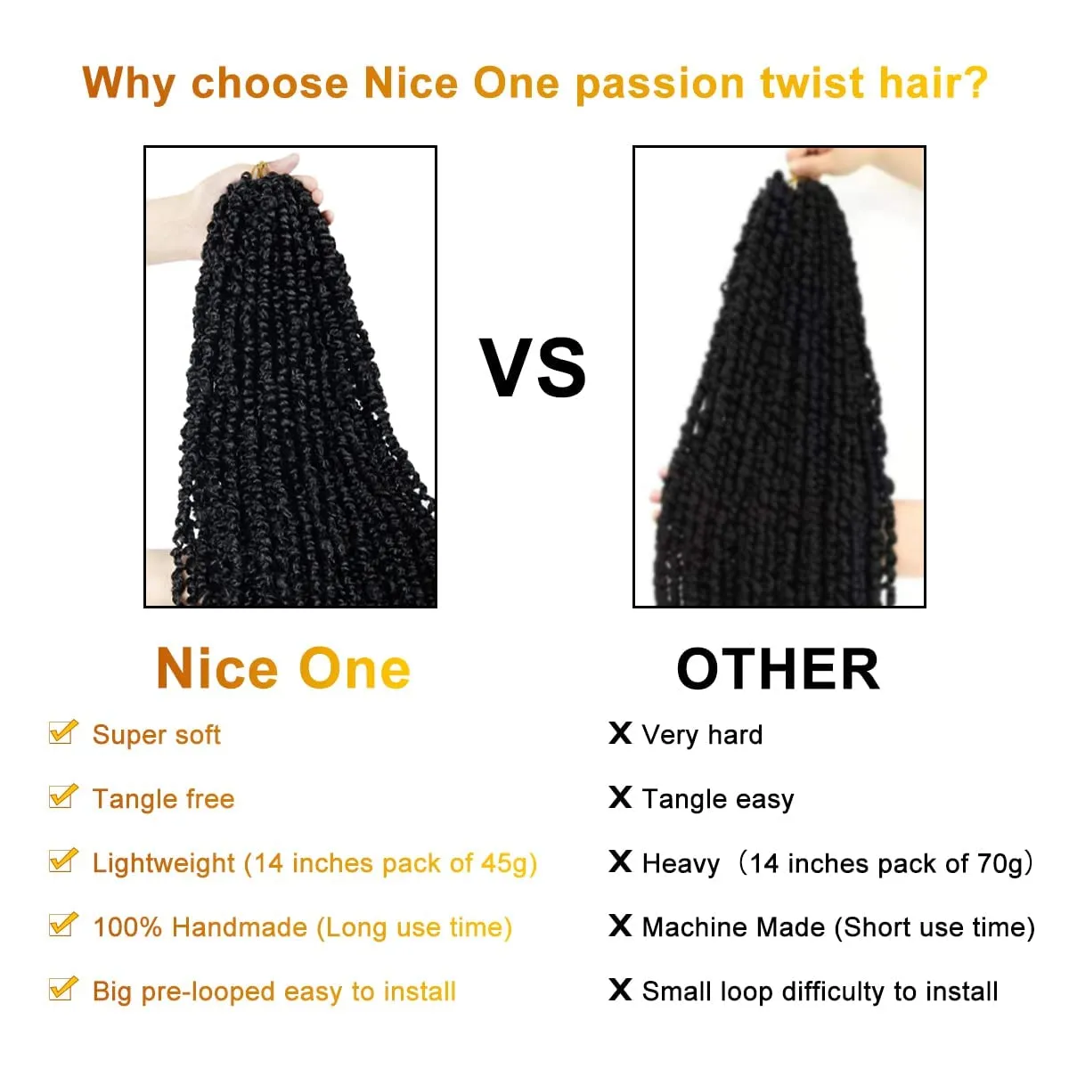 Nice One Pre-Twisted Passion Twist Hair 14 Inch, Short Passion Twist Crochet Hair for Women 8 Packs Natural Black Pre-Looped Passion Twists Braiding Synthetic Hair Extensions (14inch,1B#)