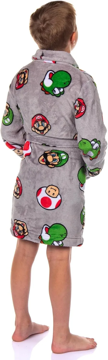 Nintendo Boys' Super Mario Yoshi and Super Mushroom Kids Plush Fleece Robe Pajama Lounge Bathrobe