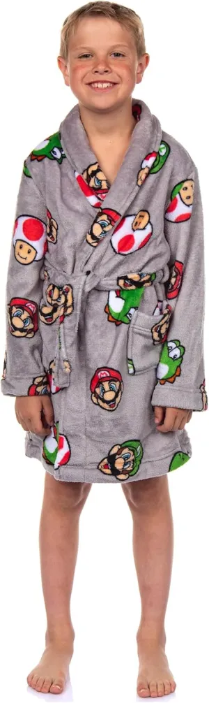 Nintendo Boys' Super Mario Yoshi and Super Mushroom Kids Plush Fleece Robe Pajama Lounge Bathrobe