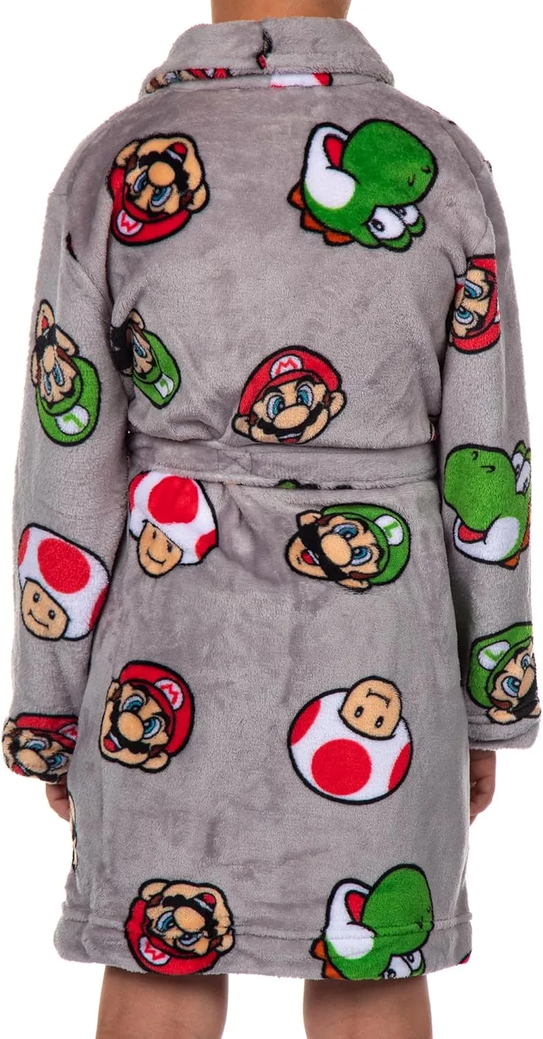 Nintendo Boys' Super Mario Yoshi and Super Mushroom Kids Plush Fleece Robe Pajama Lounge Bathrobe