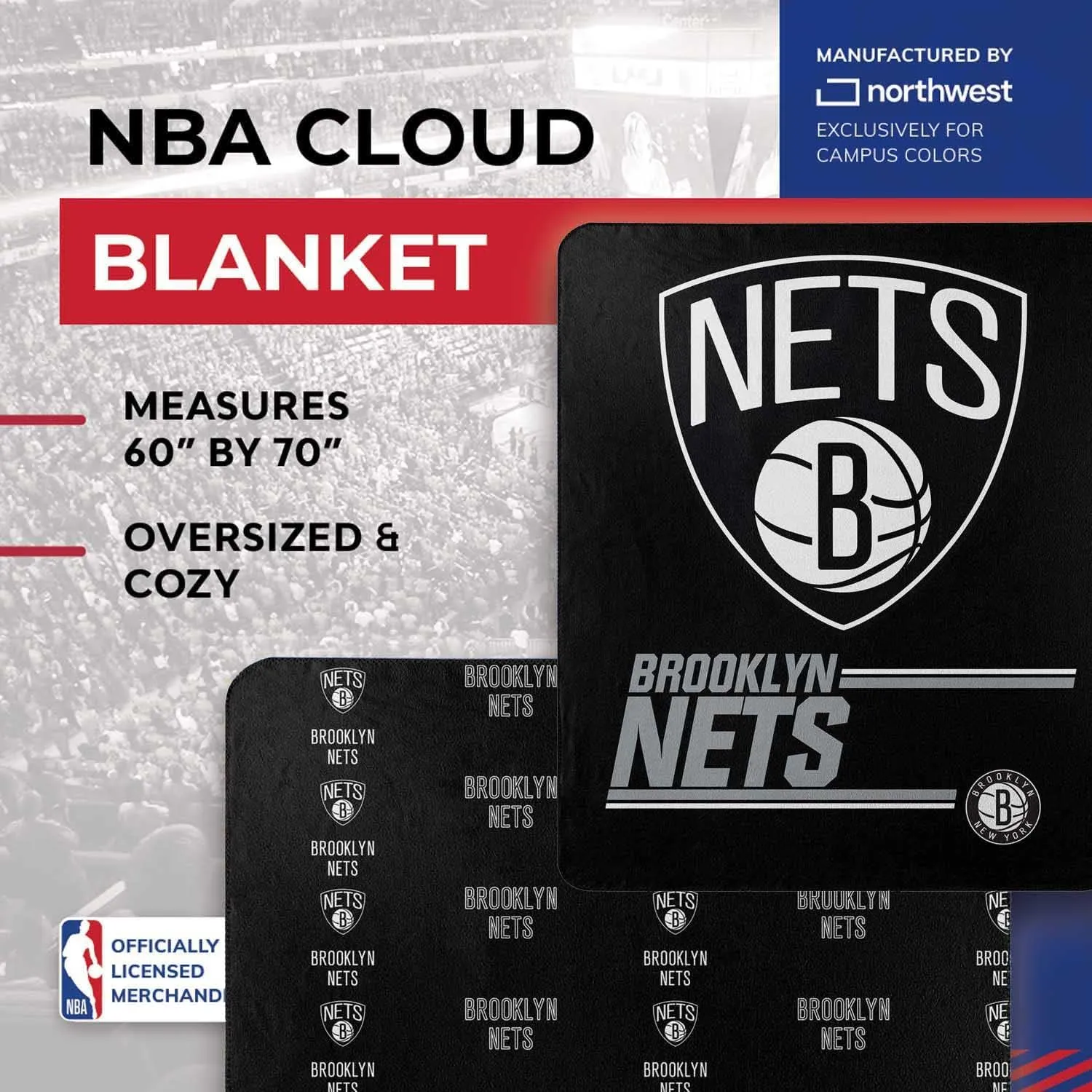 NORTHWEST NBA Double Sided Blanket - 100% Soft Polyester - Double Sided - Cloud Heavyweight - Embrace NBA Spirit & Stay Warm (Brooklyn Nets - Black)