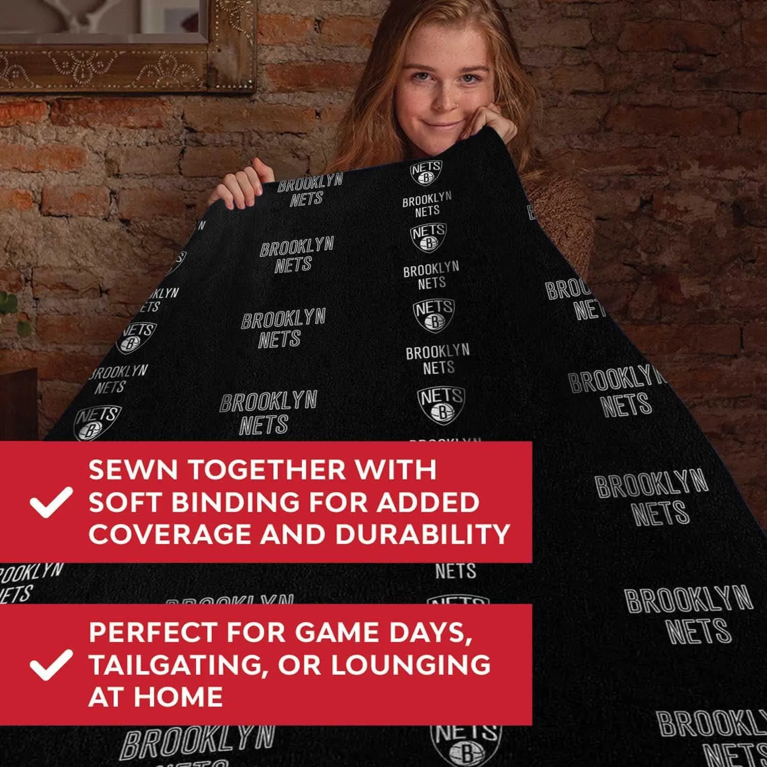 NORTHWEST NBA Double Sided Blanket - 100% Soft Polyester - Double Sided - Cloud Heavyweight - Embrace NBA Spirit & Stay Warm (Brooklyn Nets - Black)