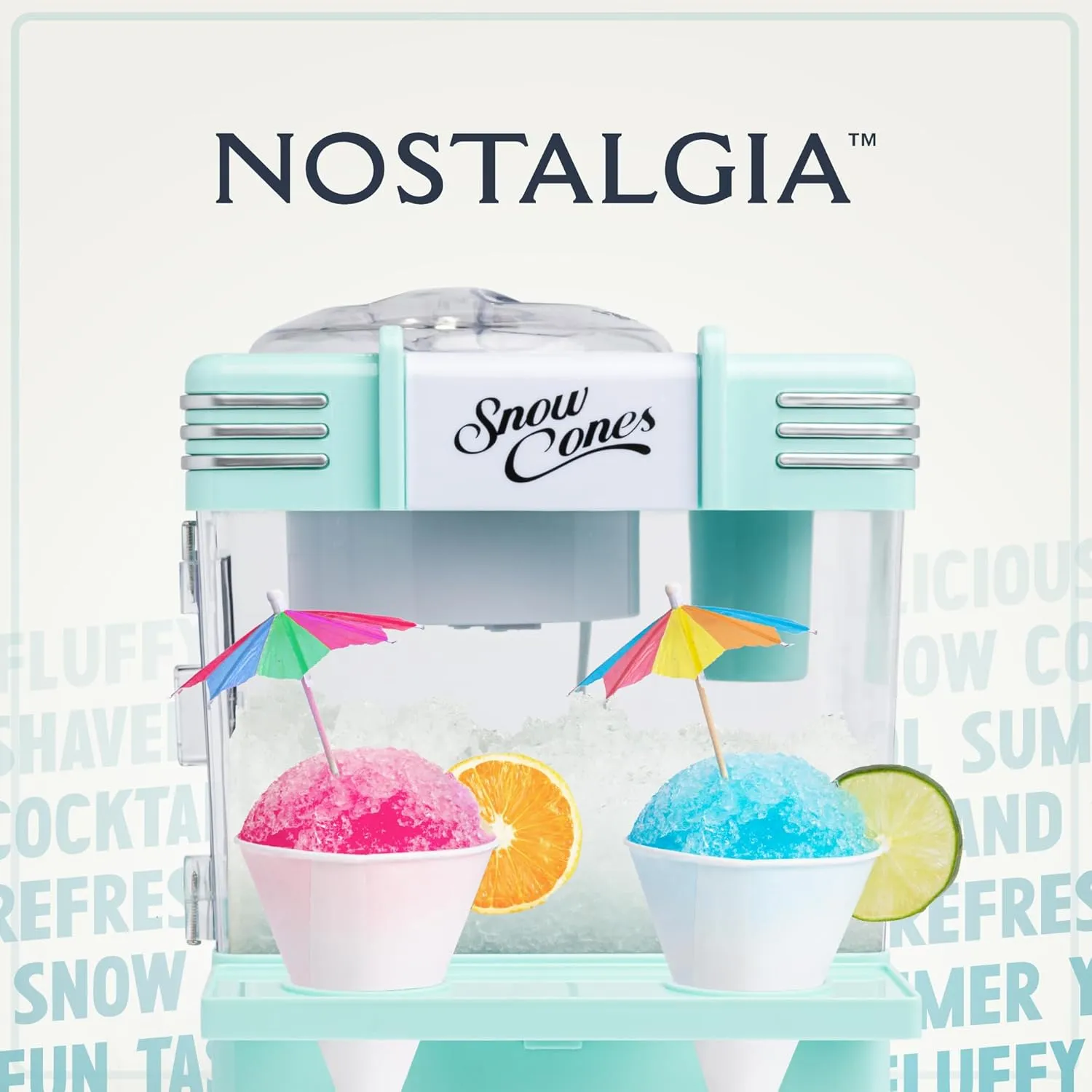 Nostalgia Snow Cone Shaved Ice Machine - Retro Table-Top Slushie Machine Makes 20 Icy Treats - Includes 2 Reusable Plastic Cups & Ice Scoop - Aqua
