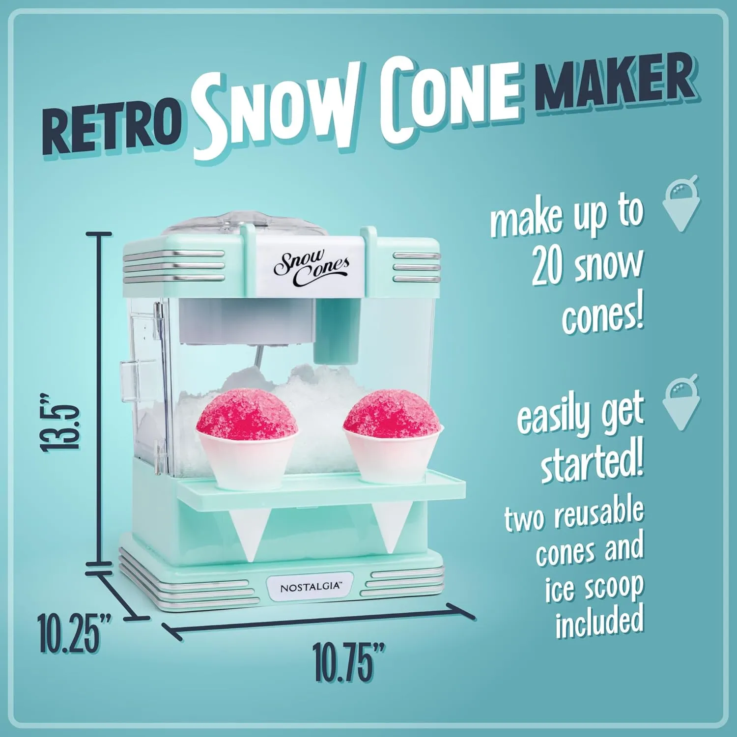 Nostalgia Snow Cone Shaved Ice Machine - Retro Table-Top Slushie Machine Makes 20 Icy Treats - Includes 2 Reusable Plastic Cups & Ice Scoop - Aqua