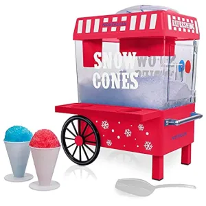 Nostalgia Vintage Countertop Snow Cone Machine - Slushie Machine - Shaved Ice Machine and Crushed Ice Maker - Makes 20 Icy Treats, Includes 2 Reusable Plastic Cups & Ice Scoop – Red