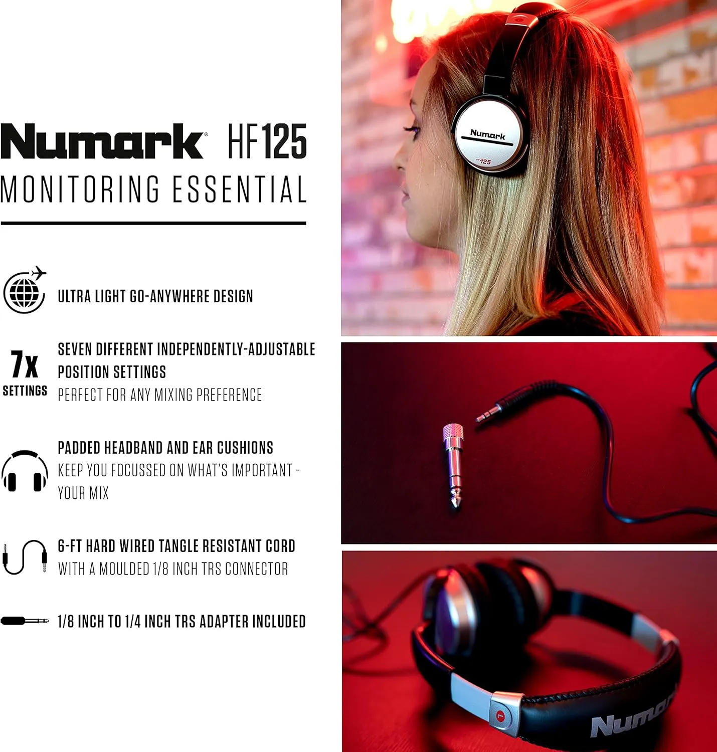Numark HF125 | Ultra-Portable Professional DJ Headphones With 6ft Cable, 40mm Drivers for Extended Response & Closed Back Design for Superior Isolation, Silver, Оne Расk