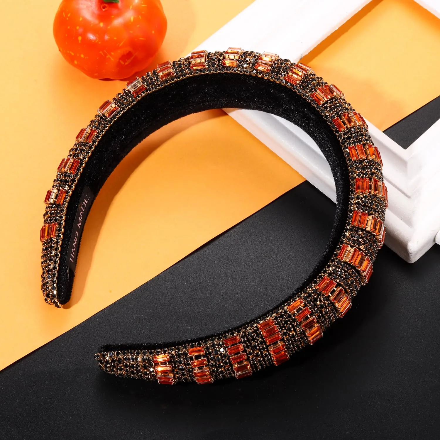 NVENF Crystal Rhinestone Padded Headbands for Women Beaded Crystal Embellished Hairband Wide Bejewelled Velvet Headband Hair Accessory or Girls Holiday Party Prom Gifts (Halloween 2)