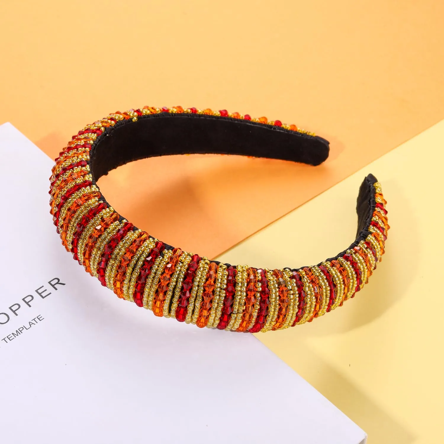 NVENF Thanksgiving Jeweled Padded Headband - Orange Rhinestone Beads Embellished Autumn Fall Hair Accessory for Women