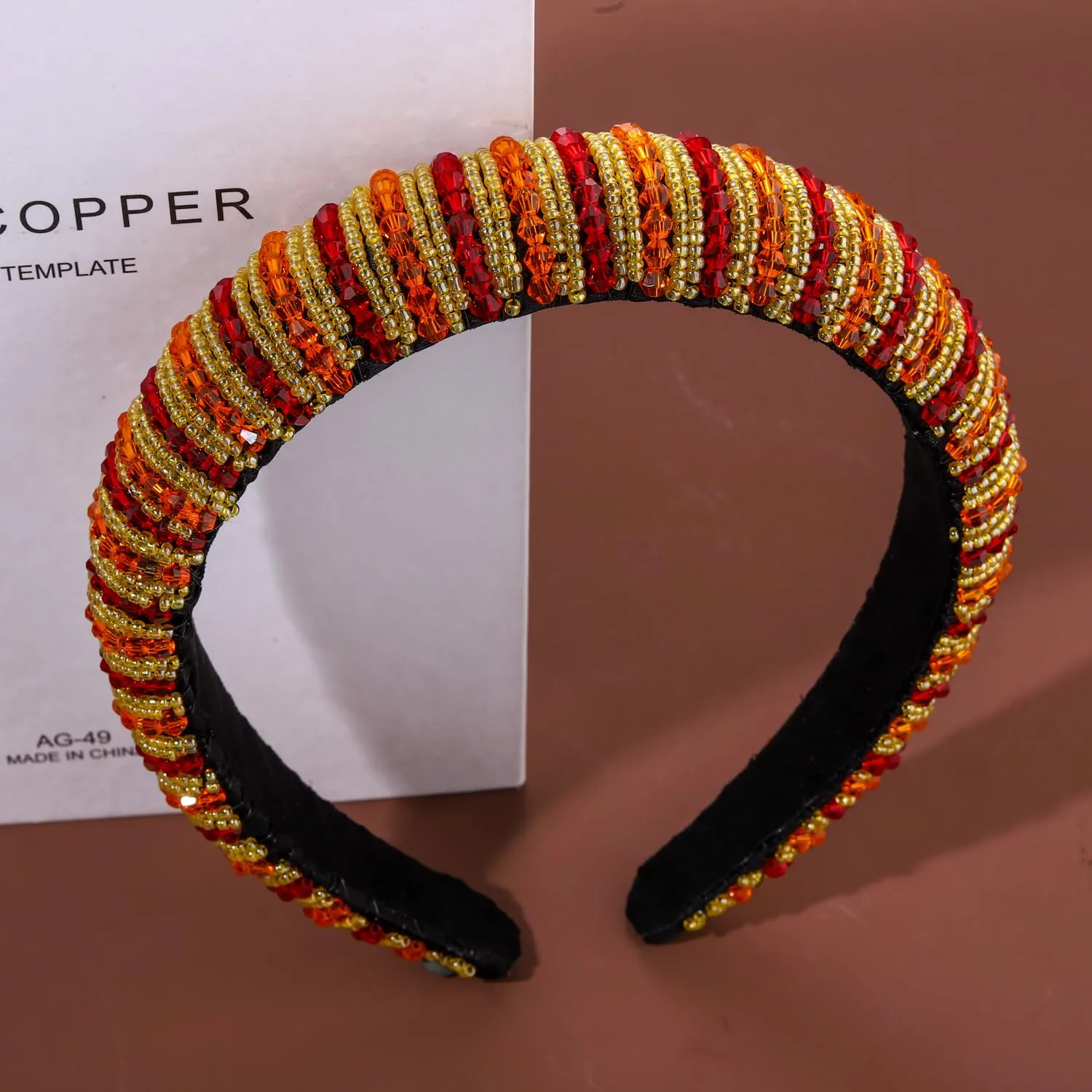 NVENF Thanksgiving Jeweled Padded Headband - Orange Rhinestone Beads Embellished Autumn Fall Hair Accessory for Women