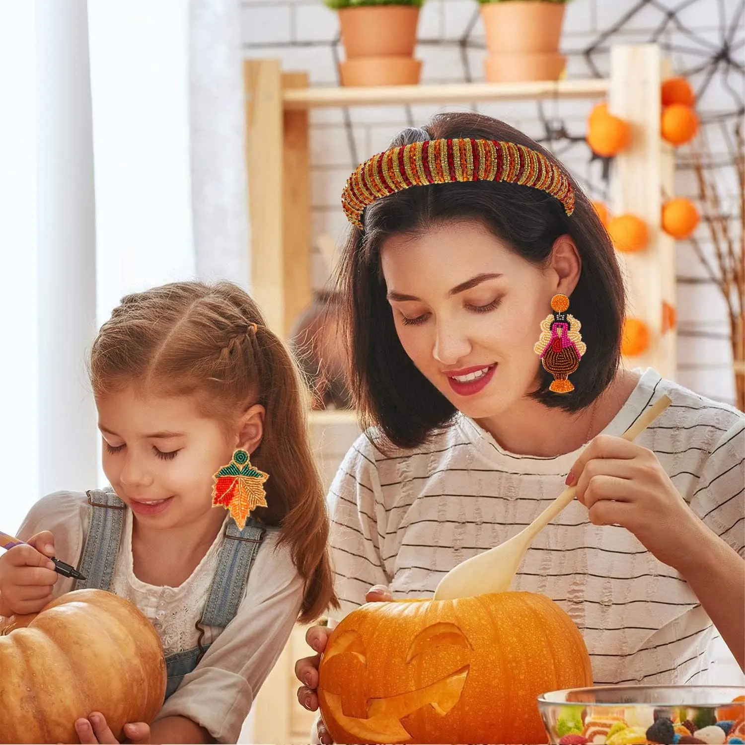 NVENF Thanksgiving Jeweled Padded Headband - Orange Rhinestone Beads Embellished Autumn Fall Hair Accessory for Women