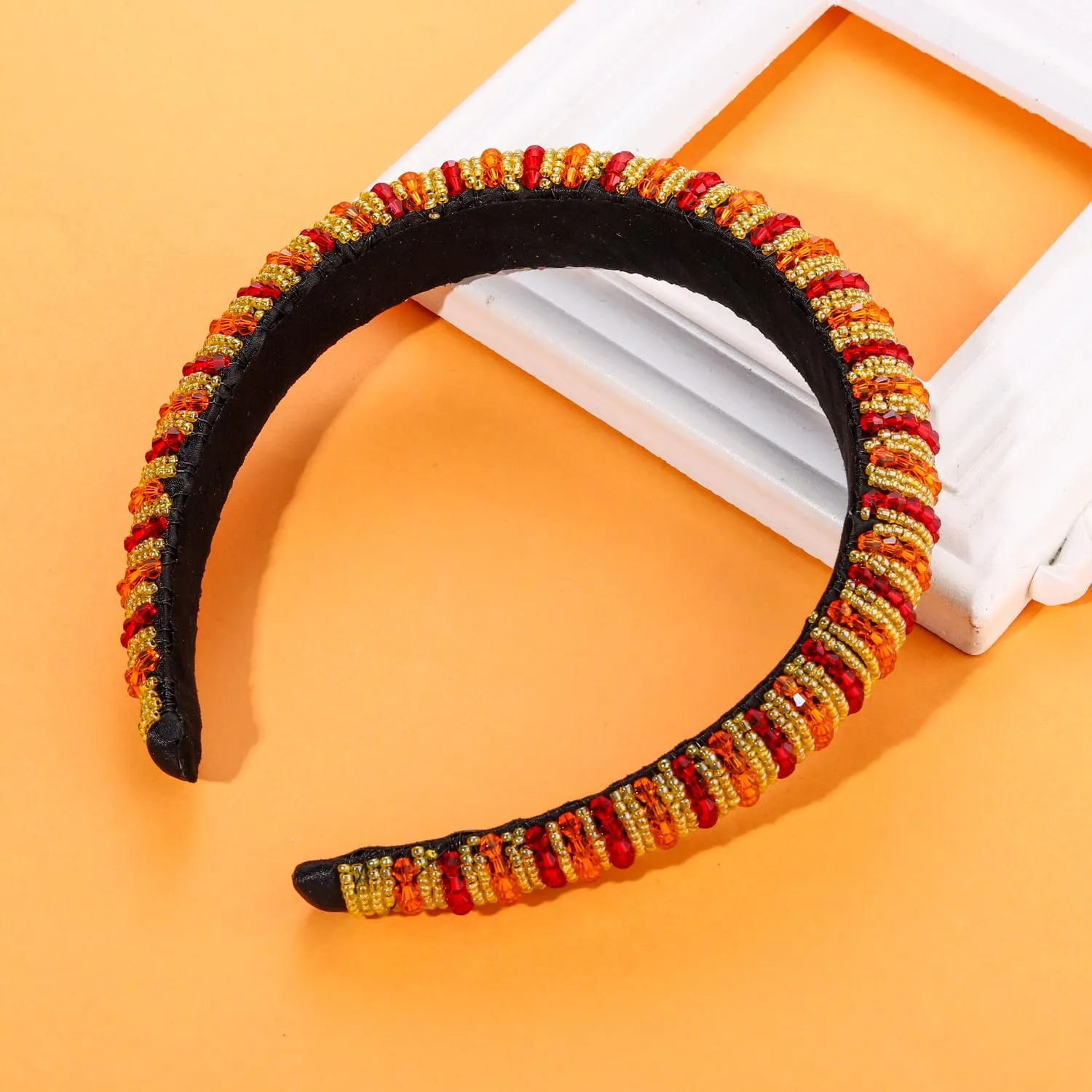 NVENF Thanksgiving Jeweled Padded Headband - Orange Rhinestone Beads Embellished Autumn Fall Hair Accessory for Women