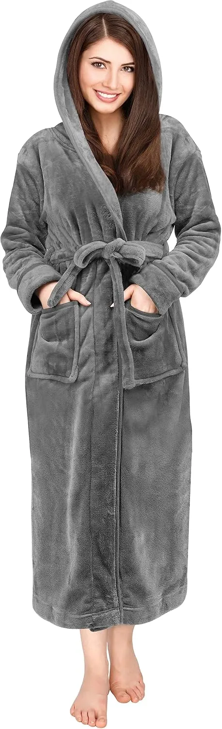 NY Threads Womens Fleece Hooded Bathrobe Plush Long Spa Robe