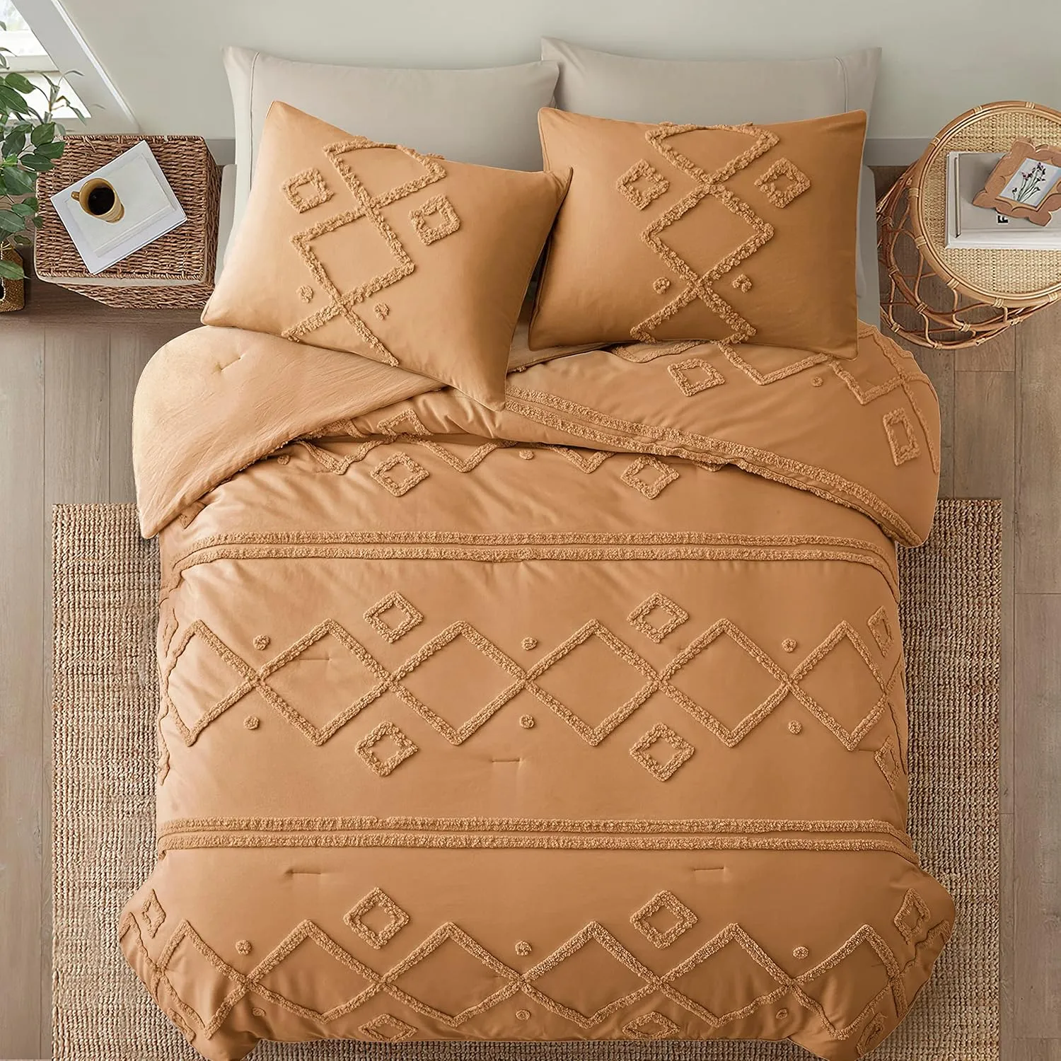 Oli Anderson Burnt Orange King Comforter Set Tufted Bedding Set King 3 Pieces, Boho Shabby Chic Comforter with 2 Pillowcases (Burnt Orange,King)