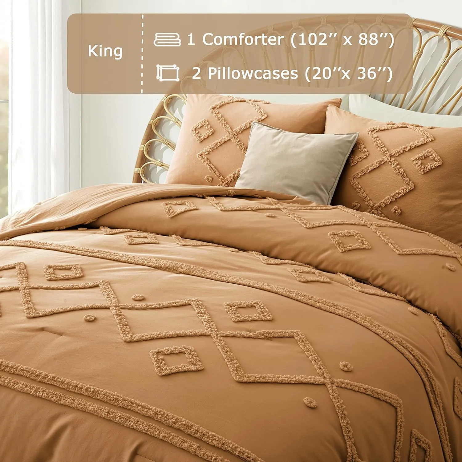 Oli Anderson Burnt Orange King Comforter Set Tufted Bedding Set King 3 Pieces, Boho Shabby Chic Comforter with 2 Pillowcases (Burnt Orange,King)