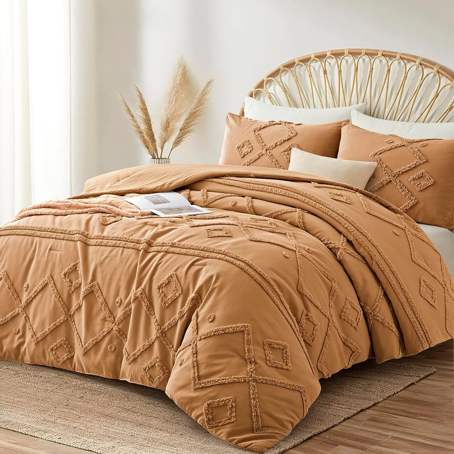 Oli Anderson Burnt Orange King Comforter Set Tufted Bedding Set King 3 Pieces, Boho Shabby Chic Comforter with 2 Pillowcases (Burnt Orange,King)