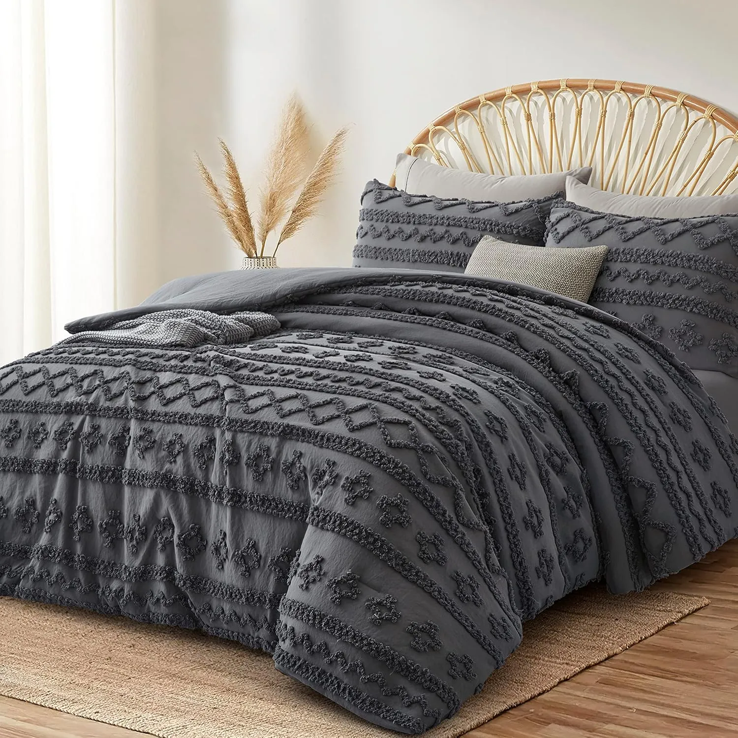 Oli Anderson Grey Queen Comforter Set Tufted Geometry Bedding Set Queen 3 Pieces, Boho Shabby Chic Comforter with 2 Pillowcases (Grey,Queen)