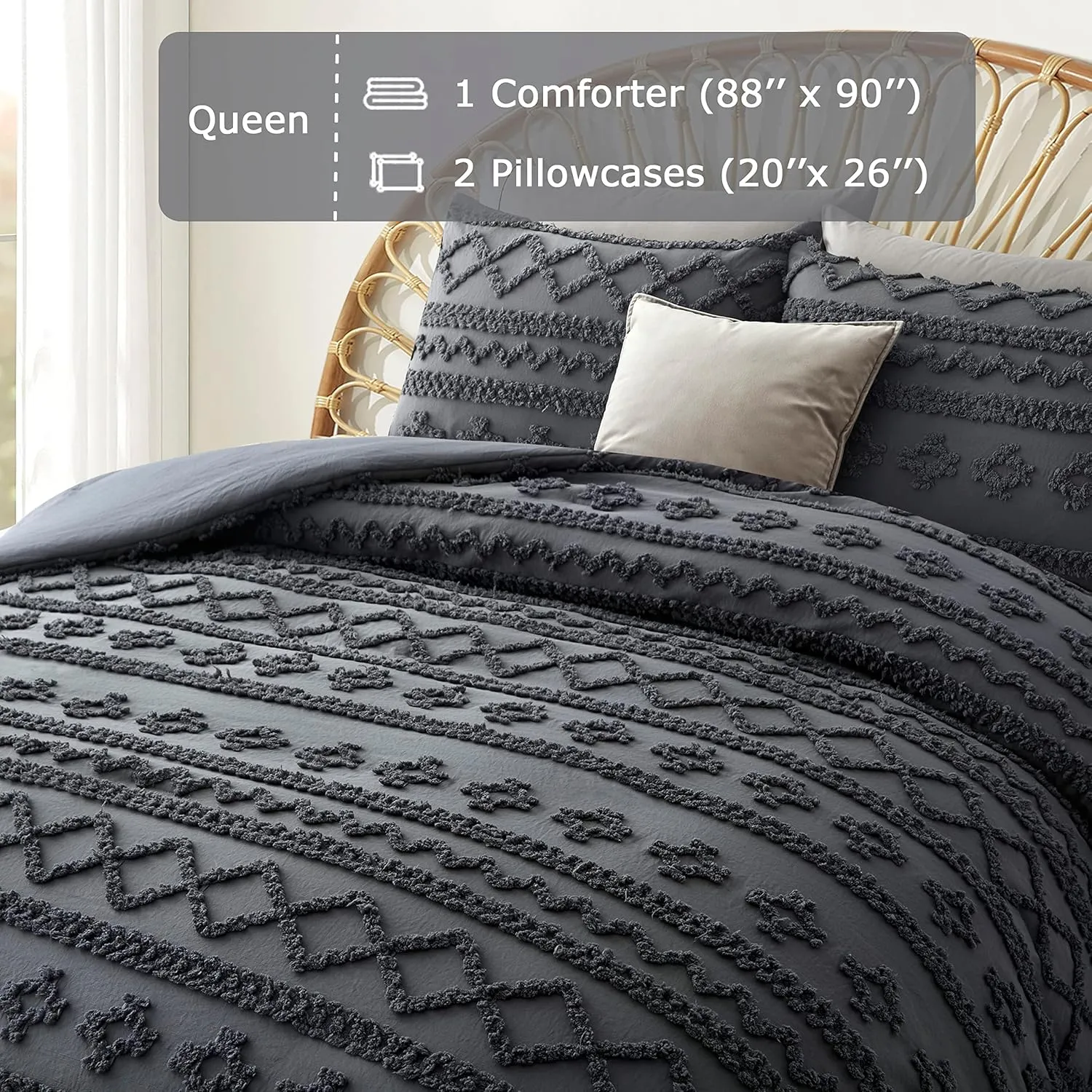 Oli Anderson Grey Queen Comforter Set Tufted Geometry Bedding Set Queen 3 Pieces, Boho Shabby Chic Comforter with 2 Pillowcases (Grey,Queen)