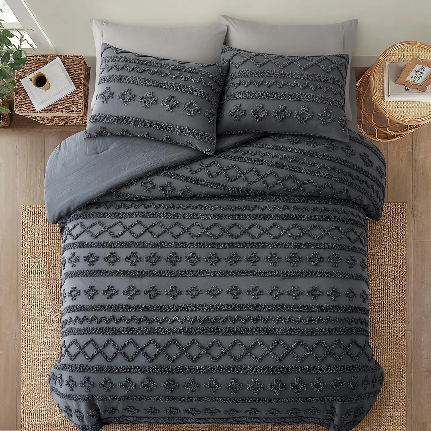 Oli Anderson Grey Queen Comforter Set Tufted Geometry Bedding Set Queen 3 Pieces, Boho Shabby Chic Comforter with 2 Pillowcases (Grey,Queen)