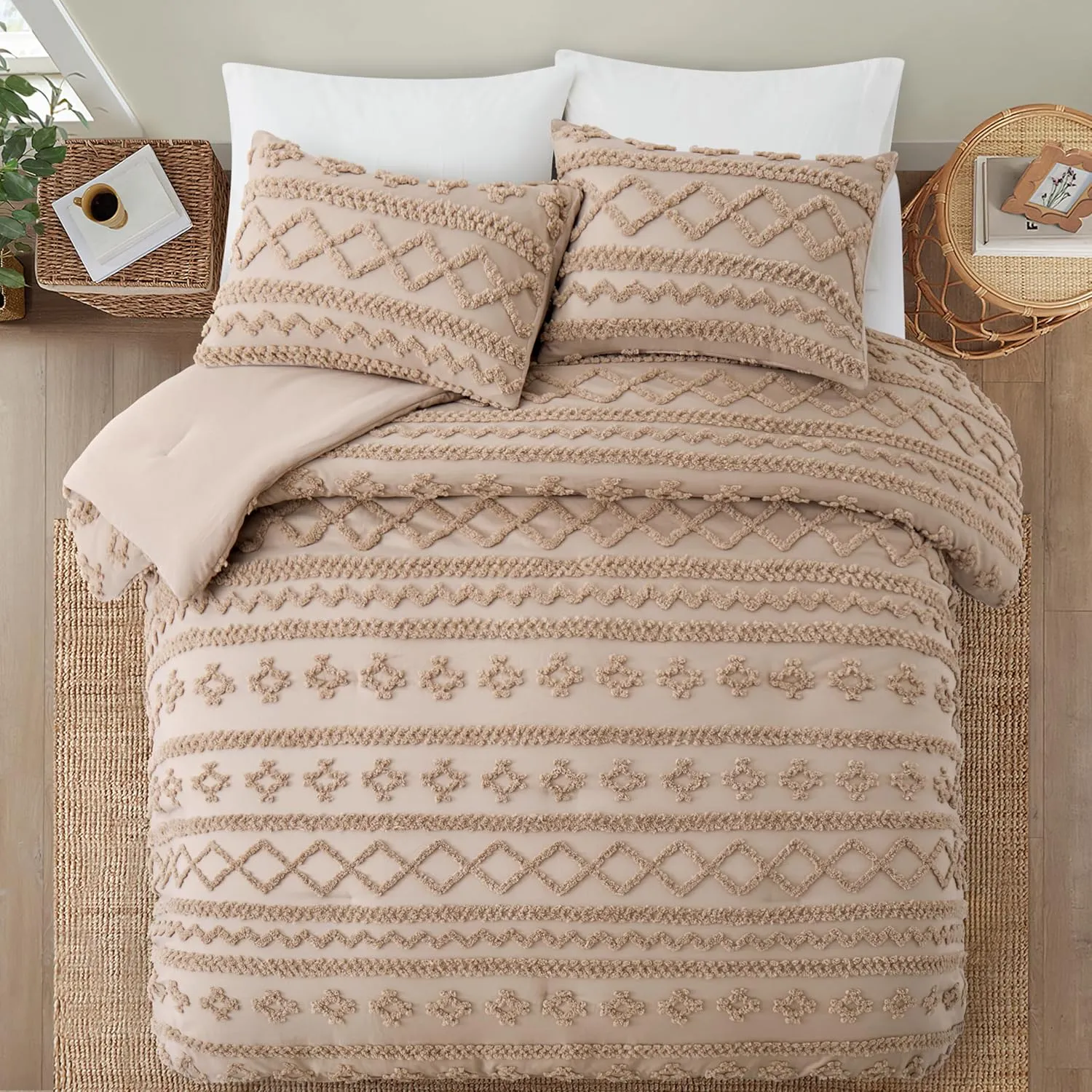 Oli Anderson Khaki King Comforter Set Tufted Bedding Set King 3 Pieces, Boho Shabby Chic Comforter with 2 Pillowcases (Khaki,King)