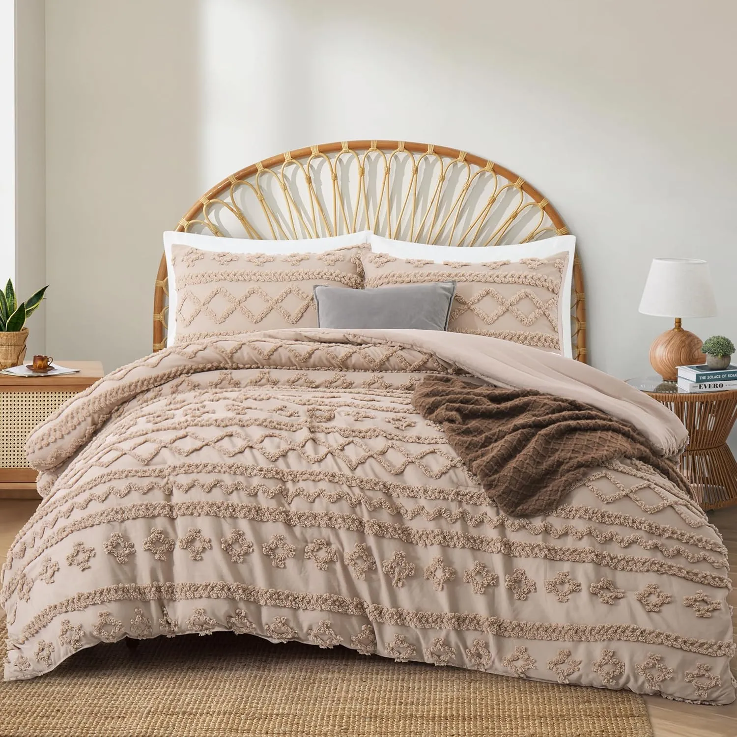 Oli Anderson Khaki King Comforter Set Tufted Bedding Set King 3 Pieces, Boho Shabby Chic Comforter with 2 Pillowcases (Khaki,King)